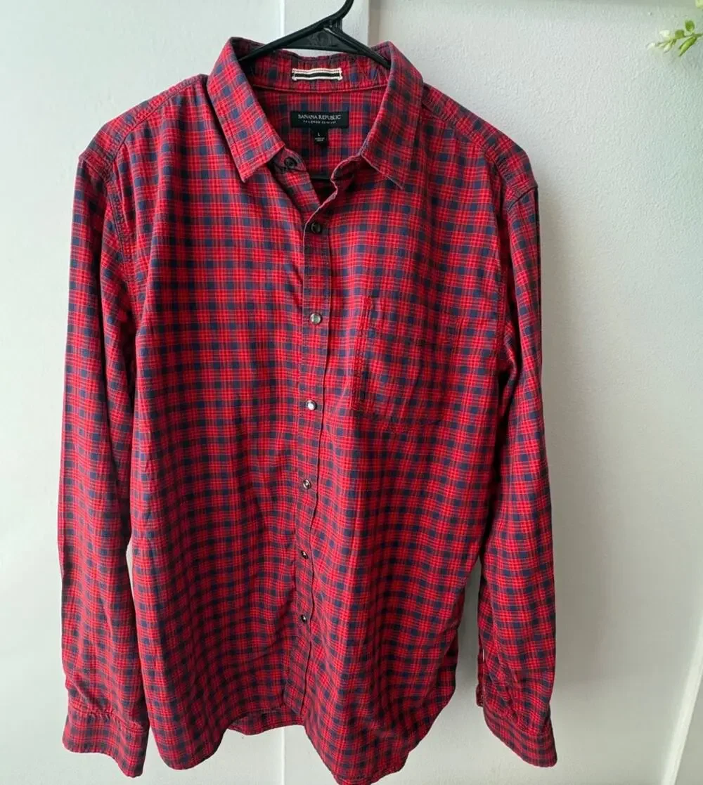 Mens Banana Republic red blue plaid slim fit cotton spandex western Large